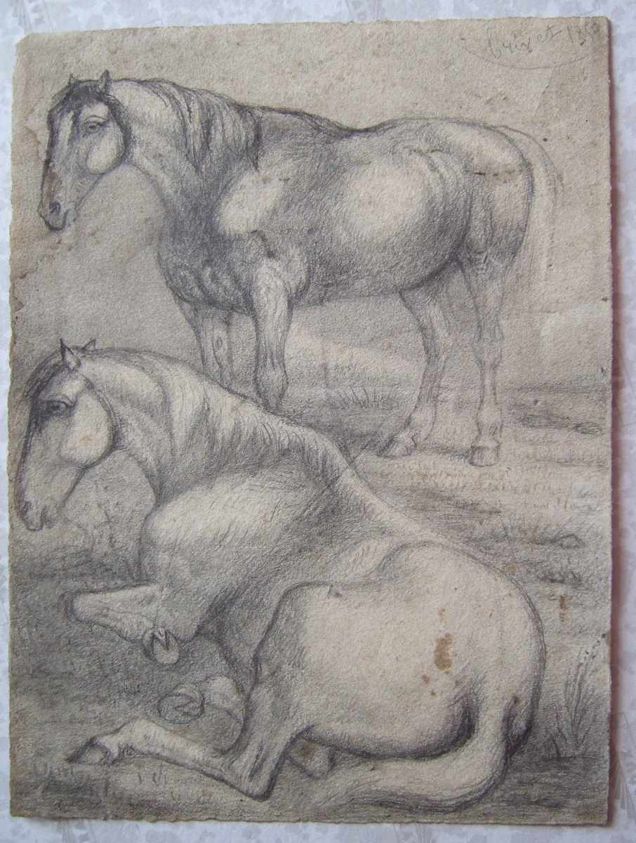 Un cheval couché l'autre debout. (titre factice), Brivet, 19e siècle