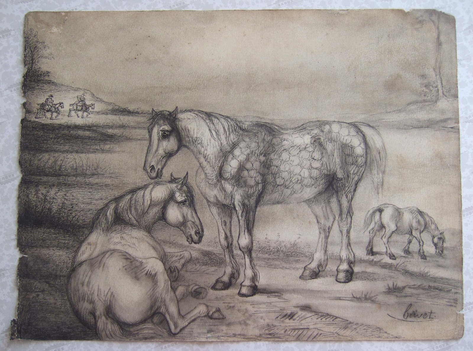 Un cheval gris pommelé debout et un autre couché. Deux cavaliers au fond. (titre factice)_0