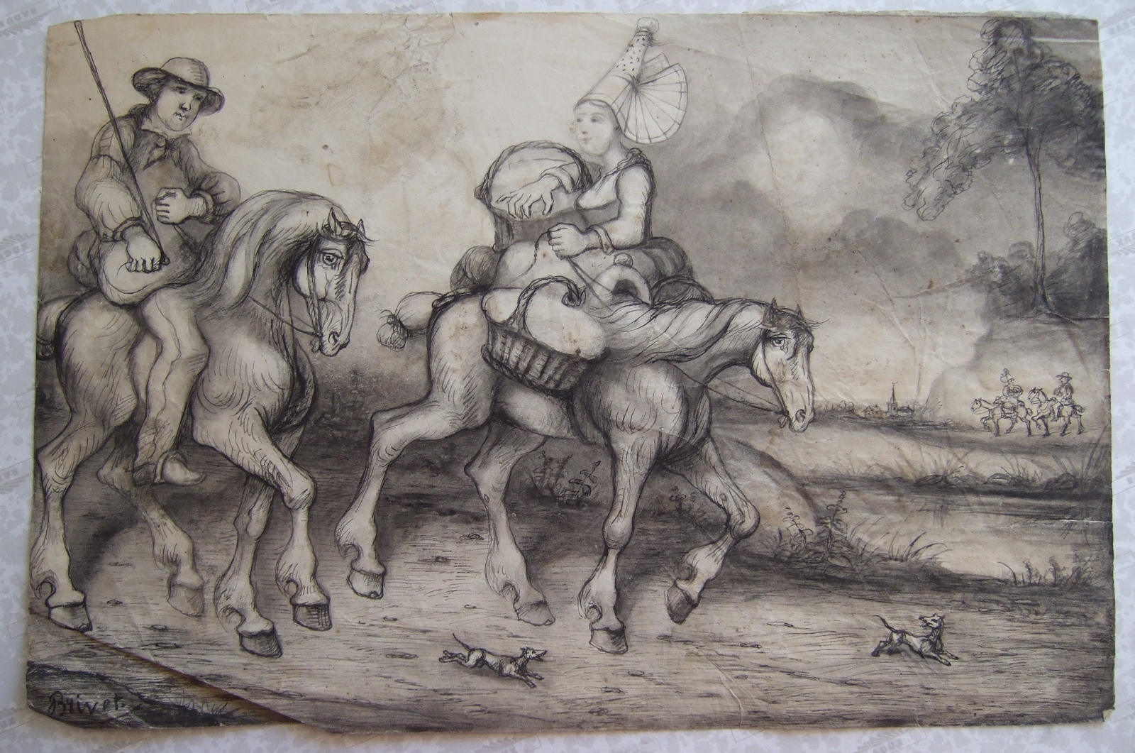 Deux paysans sur chevaux et deux petits chiens courant devant. (titre factice), Brivet, 19e siècle