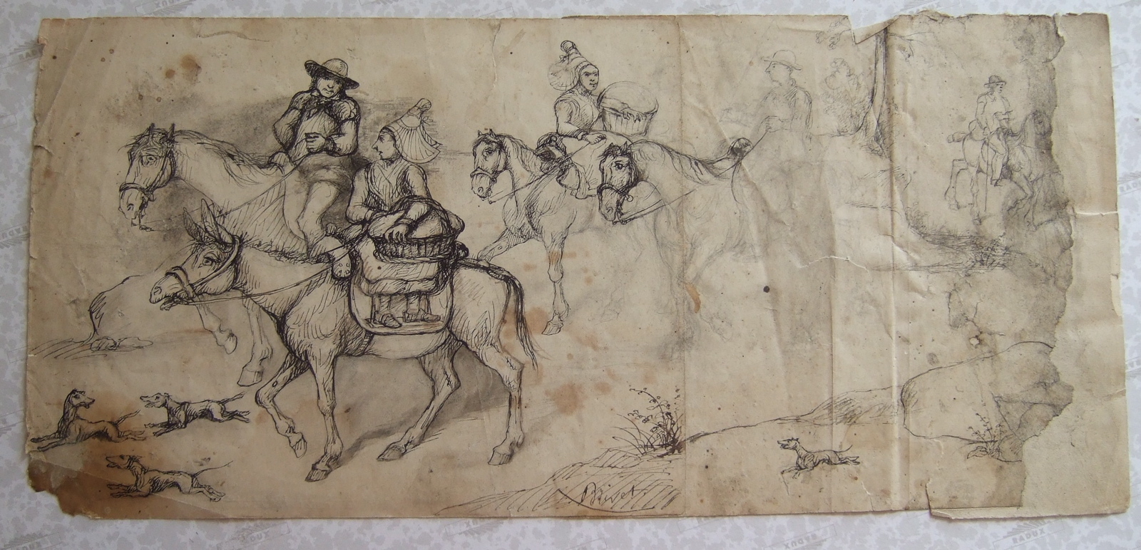 Six paysans à cheval et quatre chiens courant. (titre factice), Brivet, 19e siècle