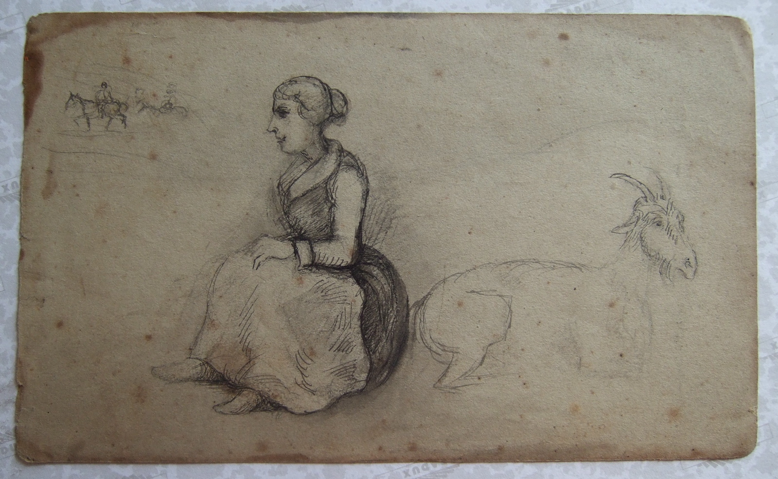 Femme assisse et chèvre couchée. Deux cavaliers au loin. (titre factice), Brivet, 19e siècle