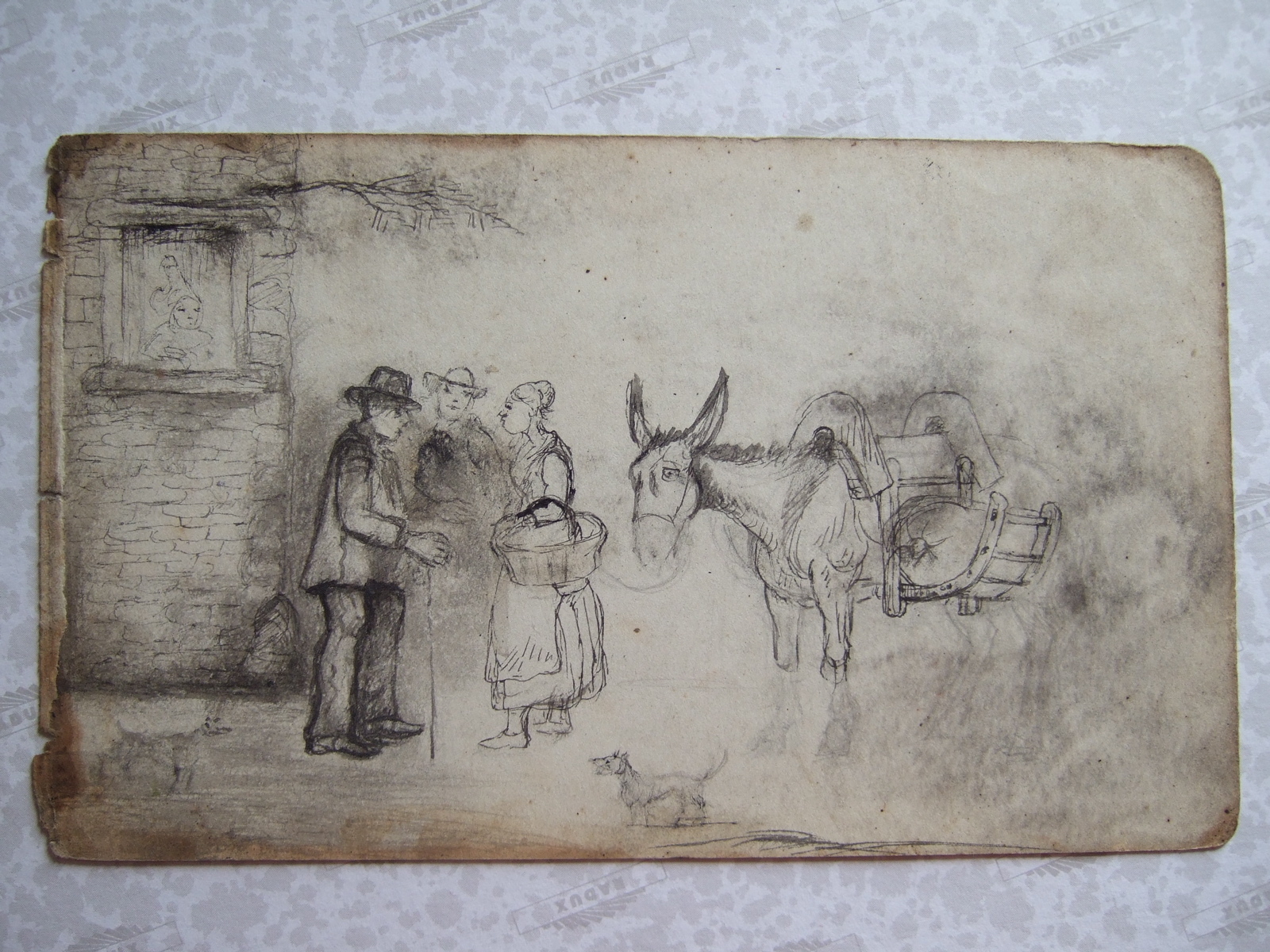 Trois paysans discutant, un âne à côté et deux chiens. (titre factice), Brivet, 19e siècle