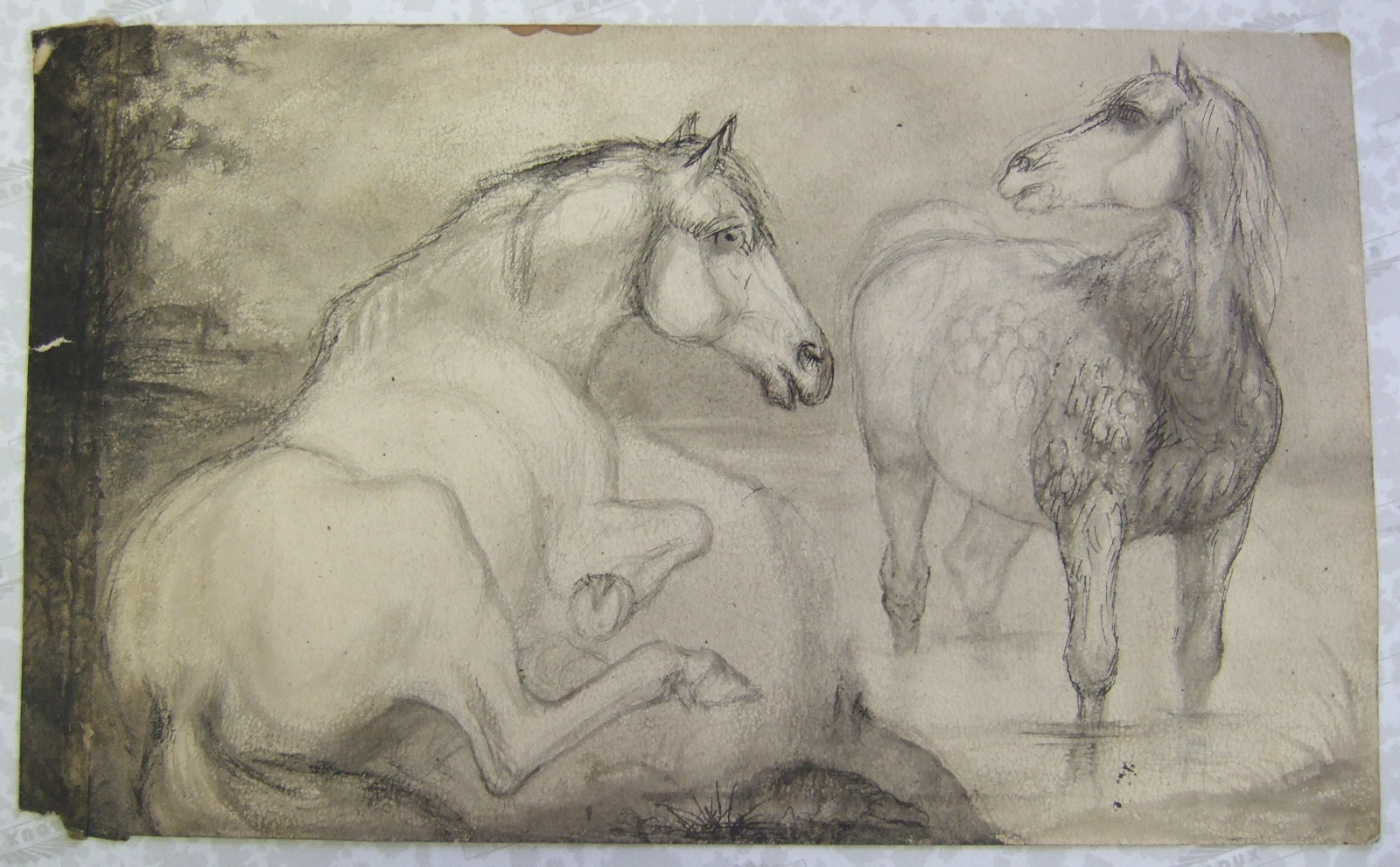 Un cheval couché et un autre debout dans un étang. (titre factice), Brivet, 1878
