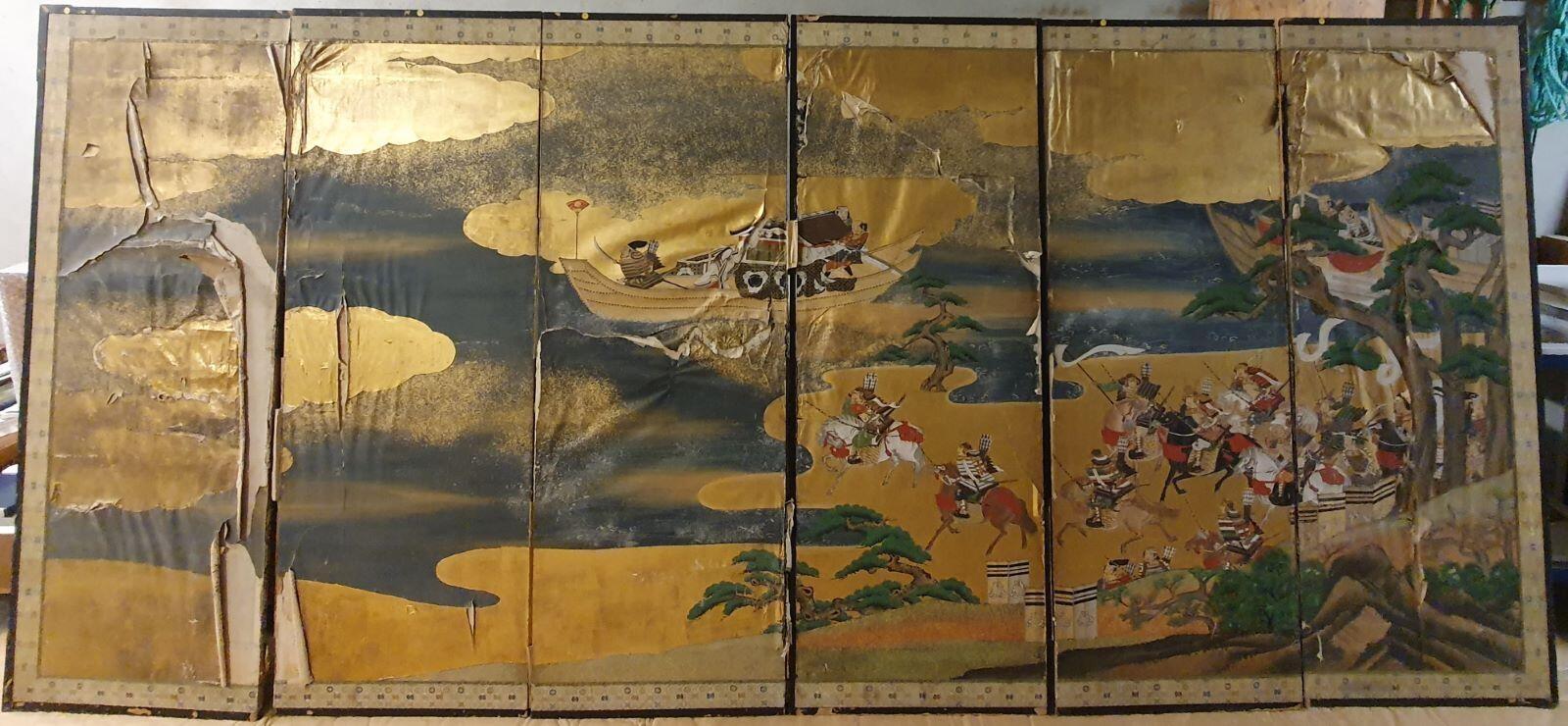 Paravent à six feuilles à fond d’or représentant la bataille navale de Yashima. (titre factice)_0