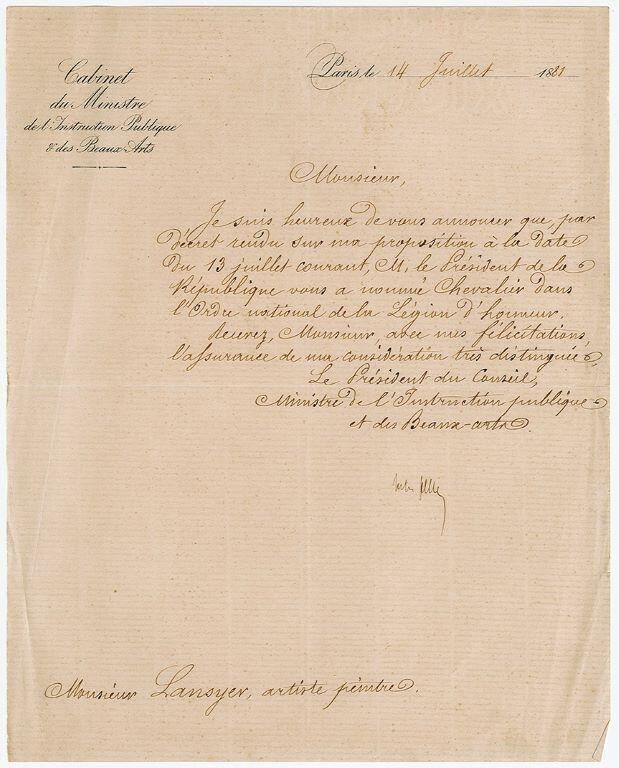 Documents relatifs à la remise de la légion d'honneur à Emmanuel Lansyer (titre factice)_1