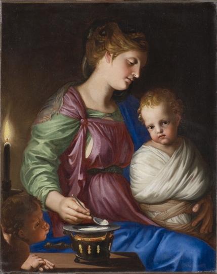 La Vierge donnant la bouillie à l'enfant Jésus, avec un angelot soufflant sur le réchaud — Jacques Stella