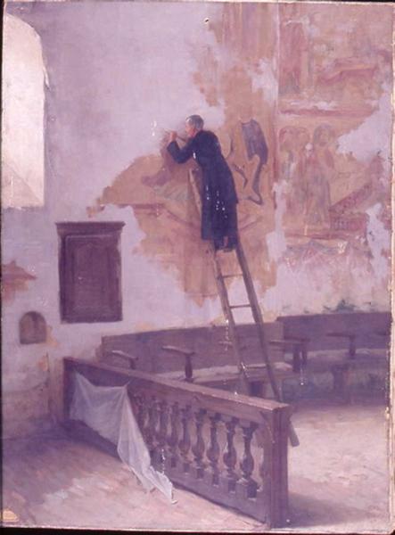 L'abbé Haugou découvrant les fresques de l'église de Saint-Jacques-des-Guérets_0