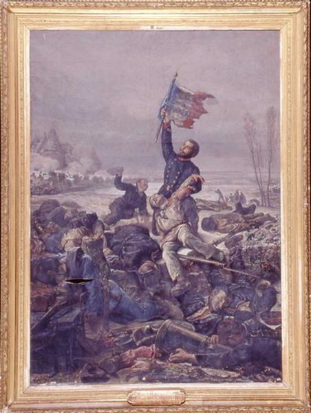 Le drapeau de la mobile de Vendôme retrouvé par le sergent Tanviray de Villiers, épisode de la bataille de Loigny, 2 décembre 1870, Antony Eugène Renouard, 2e moitié 19e siècle