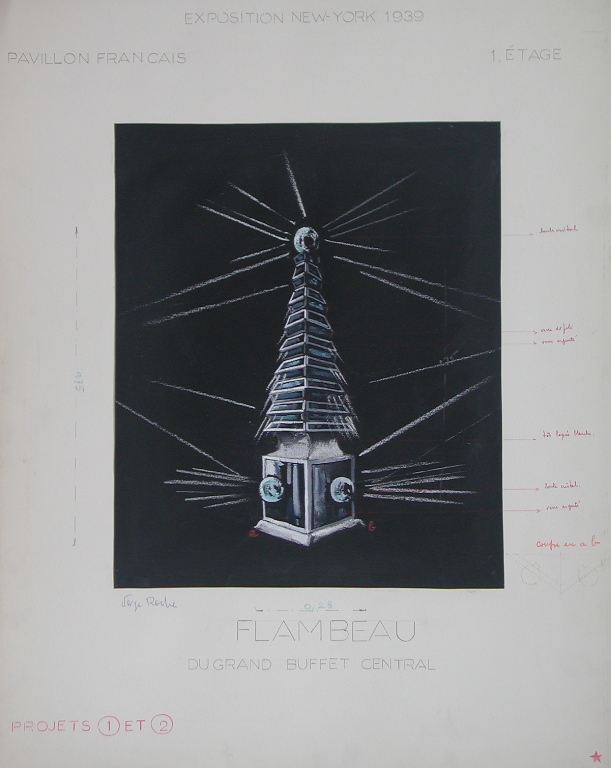 EXPOSITION NEW YORK 1939 / PAVILLON FRANCAIS / 1 ETAGE / FLAMBEAU / DU GRAND BUFFET CENTRAL / PROJETS 1 ET 2 (titre inscrit), Serge Roche, 1939