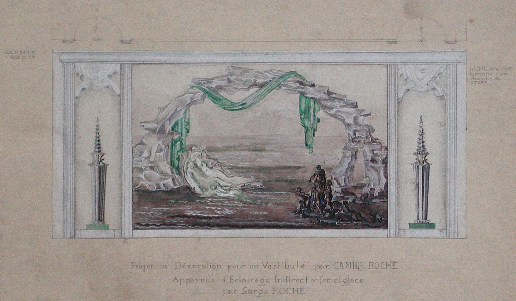 Projet  de Décoration pour un Vestibule par CAMILLE ROCHE / Appareils d’Eclairage Indirect en fer et glace / par Serge ROCHE (titre inscrit), Camille Roche, 1ère moitié 20e siècle