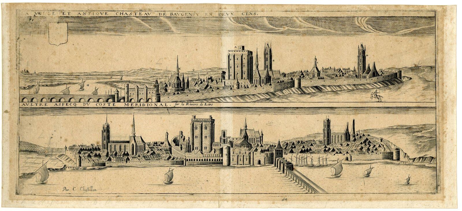 La ville et antique chasteau de Baugensy en deux cens / AULTRE ASPECQ DU COSTE MERIDIONAL, sur la Rivière de Loire (titres inscrits)_0