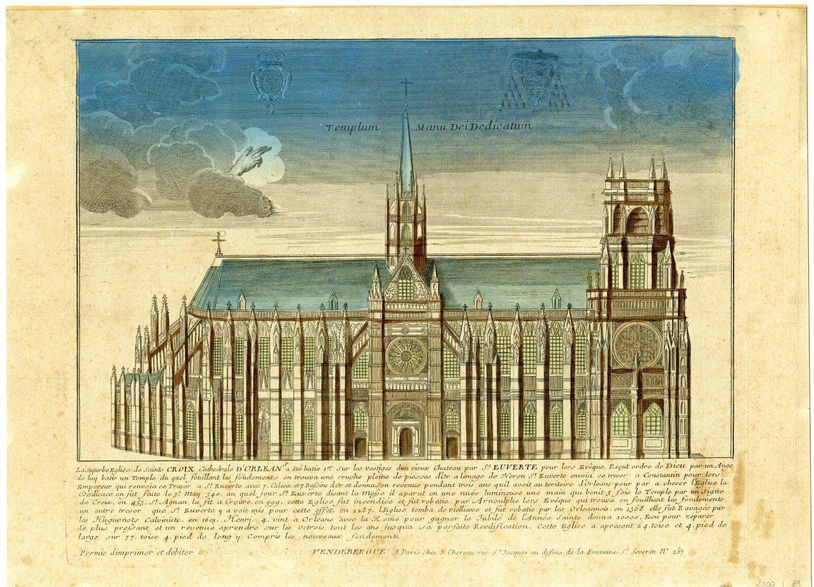 Templum Manu Dei Dedicatum / La Superbe Eglise de Sainte CROIX, Cathédrale d’ORLENS  a été batie sur les vestiges dun vieux Chateau par St. EUVERTE pour lors Evêque. [...]  (titre inscrit)_0