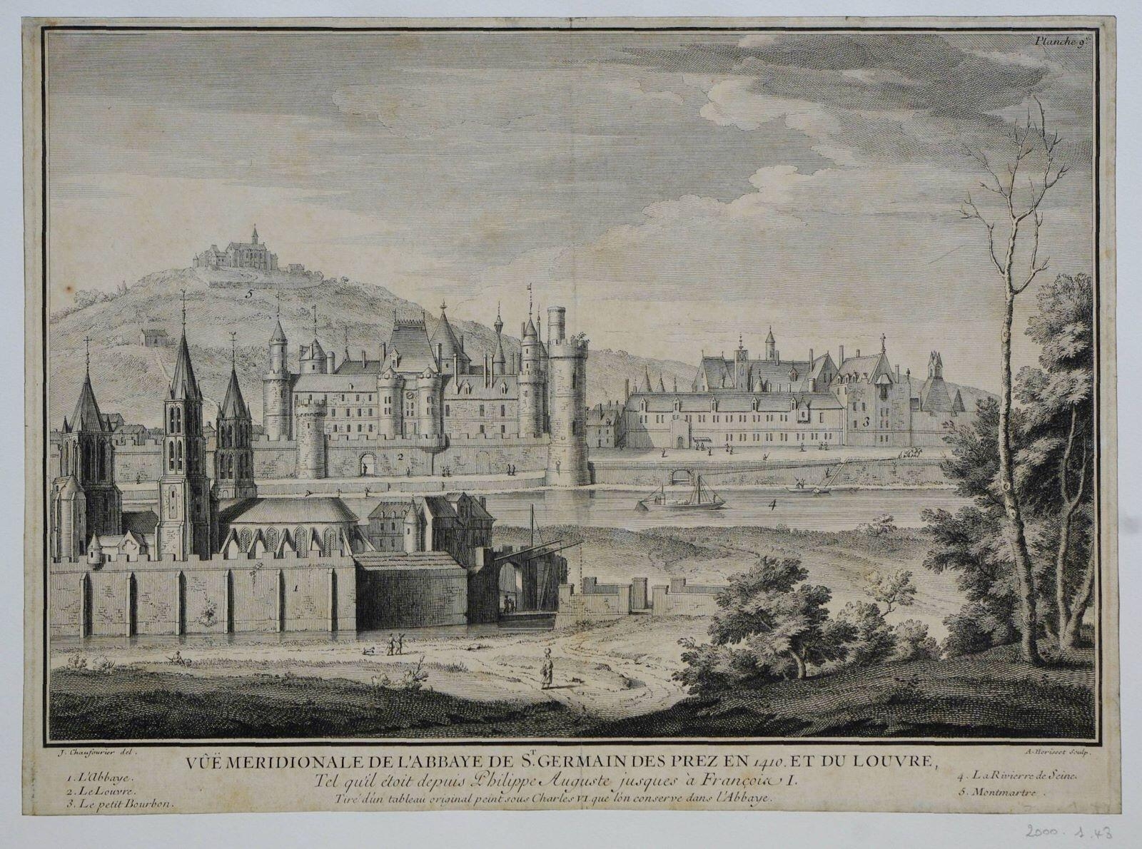 Vûë méridionale de l’abbaye de St Germain des Prez en 1410 et du Louvre / tel qu’il étoit depuis Philippe Auguste jusques à François 1er (titre inscrit), Jean Chaufourier, 18e siècle