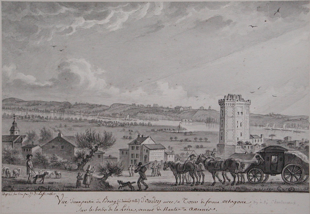Vue d’une partie du bourg (cidevant ville) d’Oudon avec sa Tour de forme otogone, vis à vis chantoceaux, / sur les bords de la Loire, venant de Nantes à Ancenis. (titre inscrit)_0