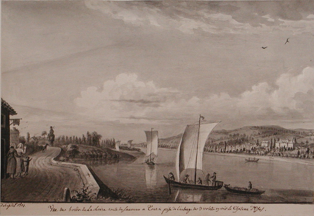 Vue des bords de la Loire route de Saumur a Tours prise de L’auberge des 3 volets on voit le château d’Uzes. (titre inscrit)_0