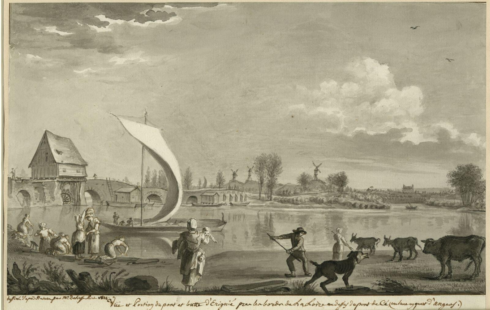 Vue et portion du pont et butte d’Erigné près les bords de la Loire au dessus du pont de Cé (un lieue un quart d’angers). (titre inscrit)_0
