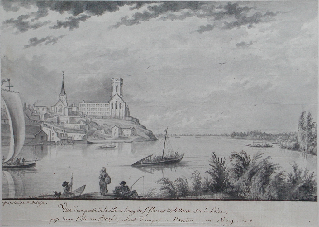 Vue d’une partie de la ville ou bourg de St florent dit le Vieux, sur la Loire, / prise dans l’isle de Buzé, allant d’angers a Nantes en 1809. (titre inscrit)_0