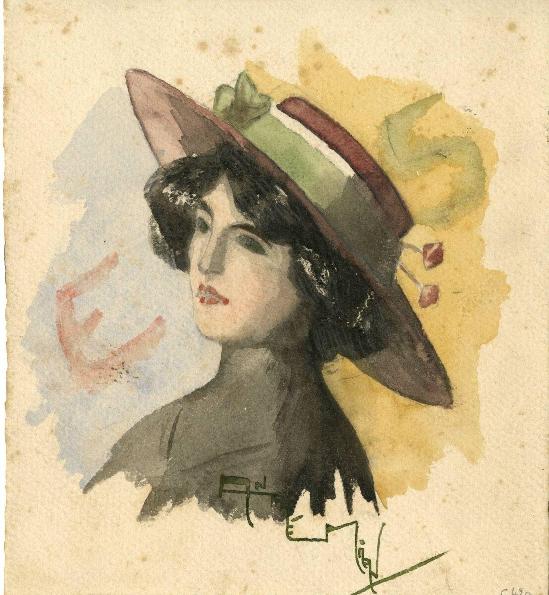 Tête de femme au chapeau (titre factice), André Milan, 1er quart 20e siècle