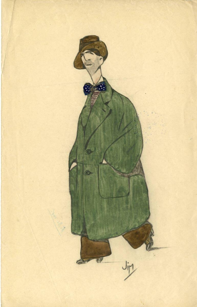 Caricature homme au pardessus vert, André Milan, 1er quart 20e siècle