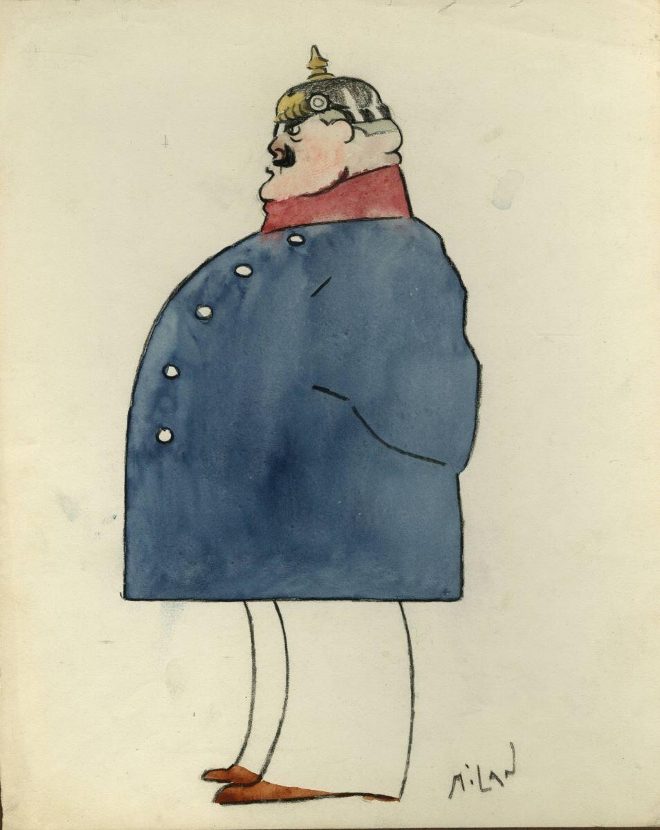 Officier allemand avec son casque à pointe, André Milan, 1er quart 20e siècle