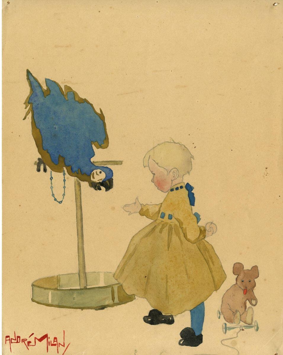 Petite fille au perroquet, André Milan, 1er quart 20e siècle