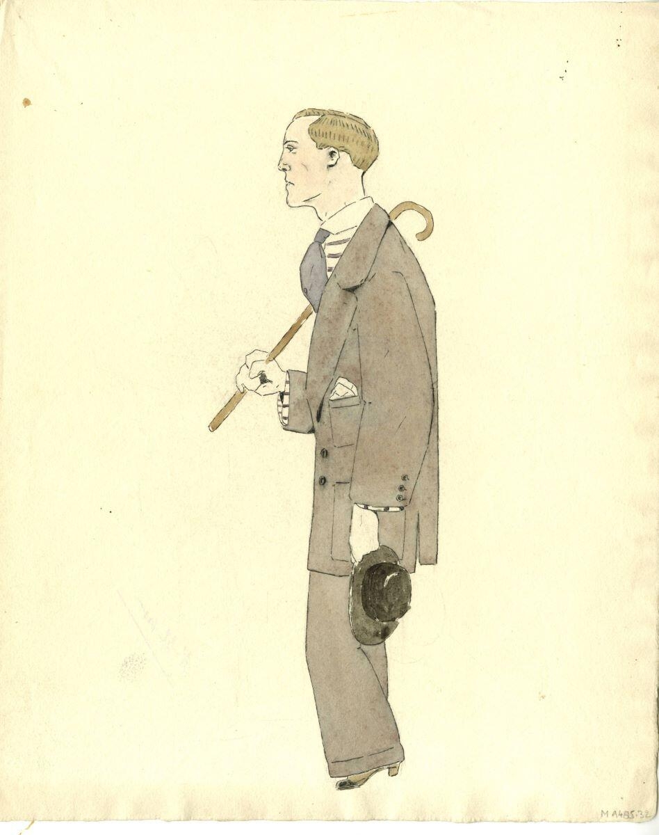 Caricature d'un homme au costume gris rose_0