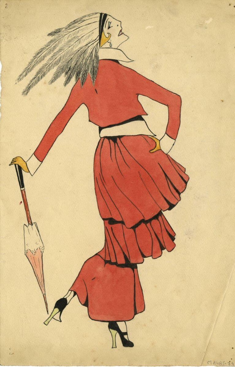 Femme en rouges avec une coiffure à pumes, André Milan, 1er quart 20e siècle