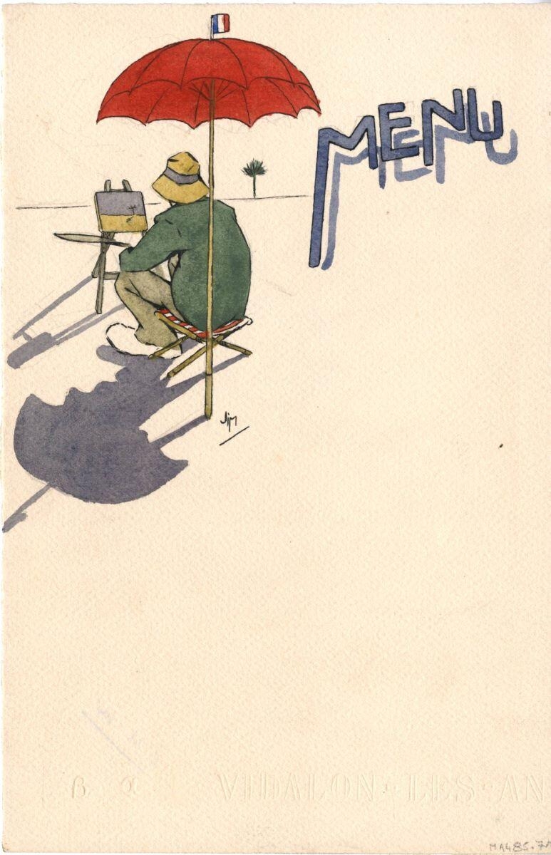 Menu représentant un peintre, André Milan, 1er quart 20e siècle