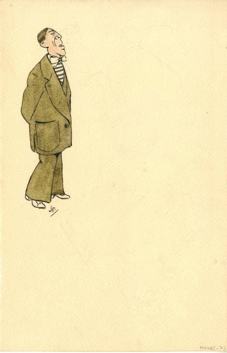 Menu inachevé représentant un homme en complet gris jaune, André Milan, 1er quart 20e siècle