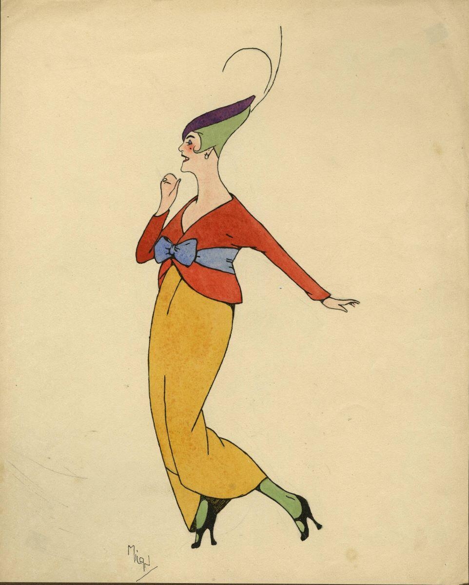 Caricature d'une femme  en robe jaune, André Milan, 1er quart 20e siècle