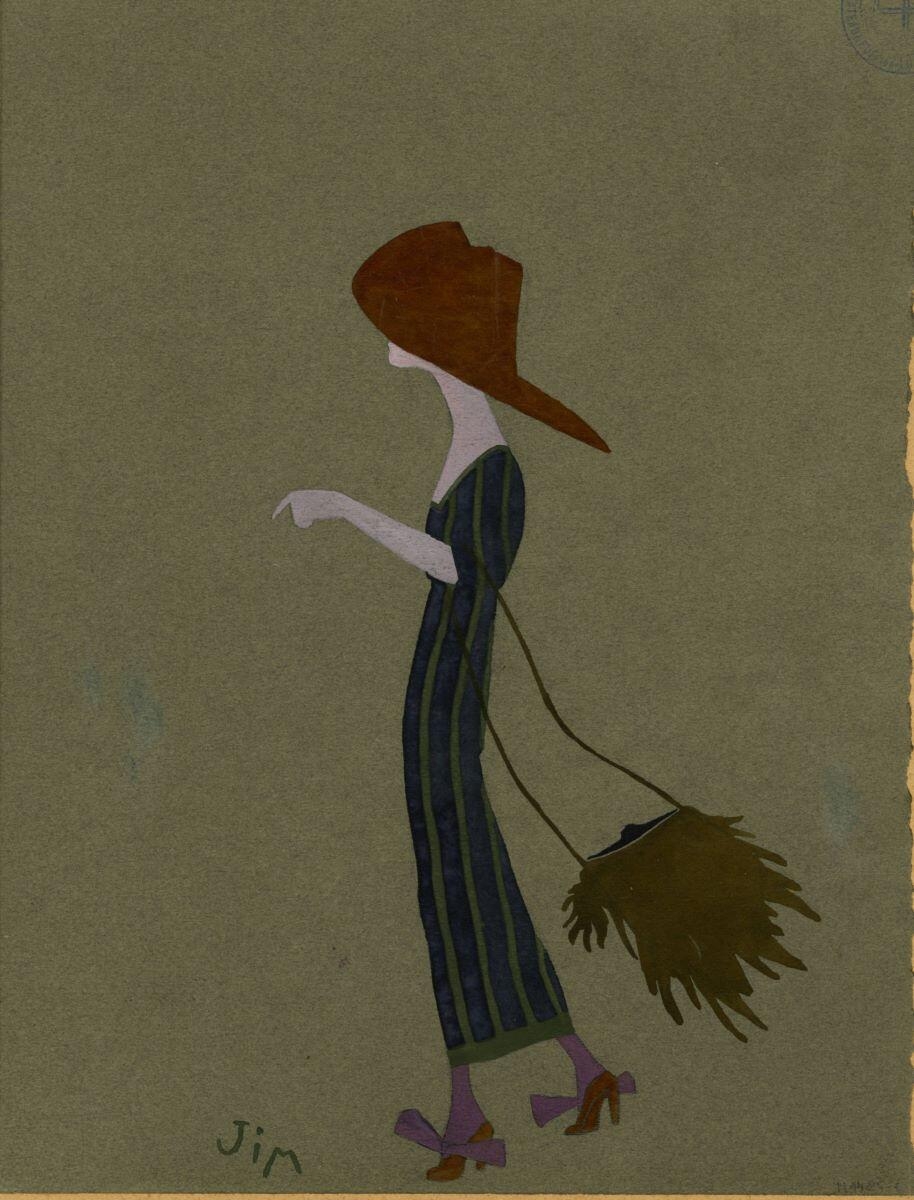 Caricature d'une femme en robe bleue foncée, André Milan, 1er quart 20e siècle
