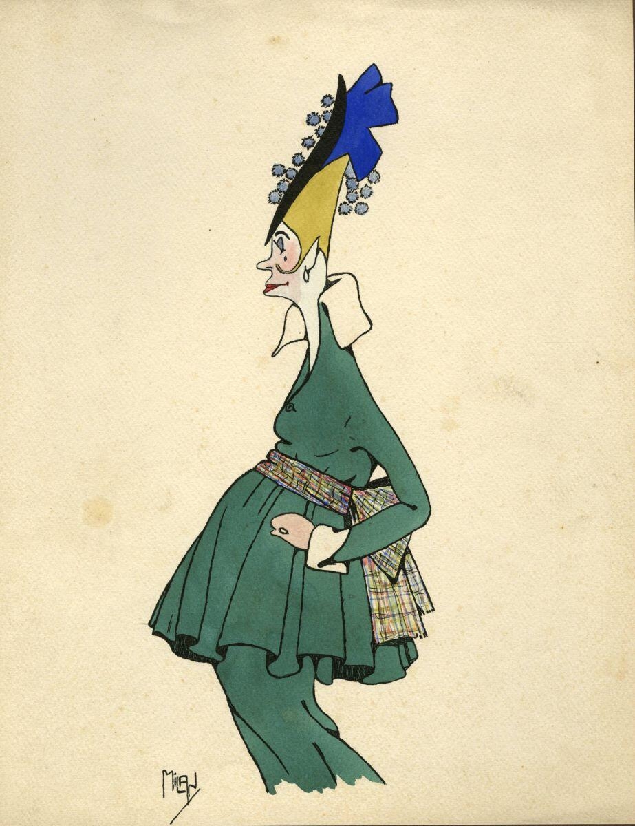 Caricature femme en robe verte, André Milan, 1er quart 20e siècle