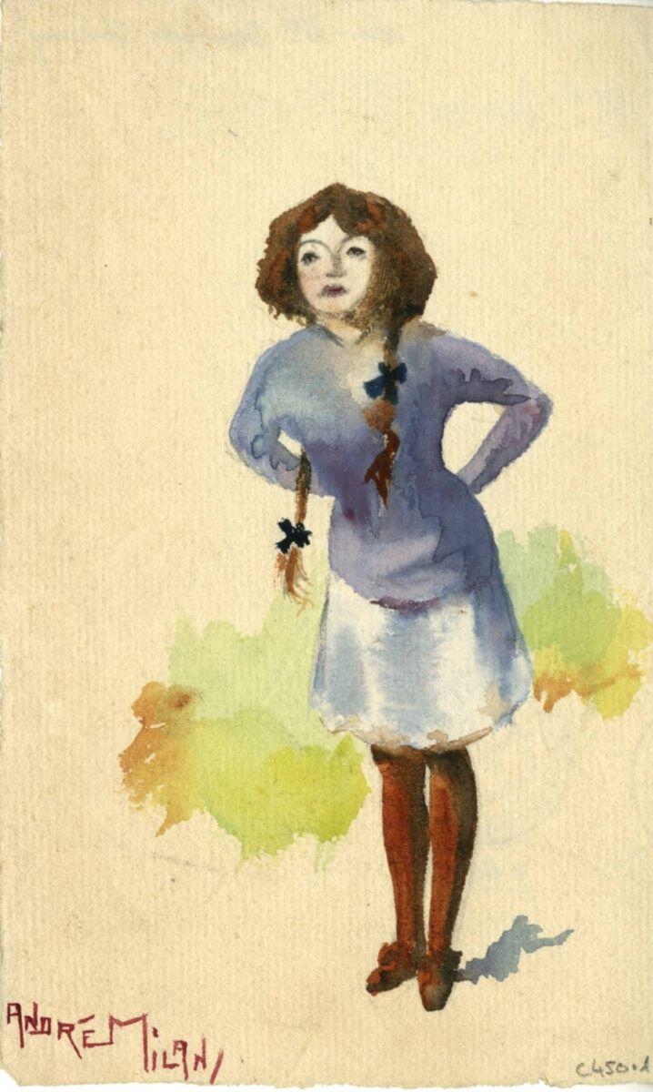 Fillette mains derrière le dos, André Milan, 1er quart 20e siècle
