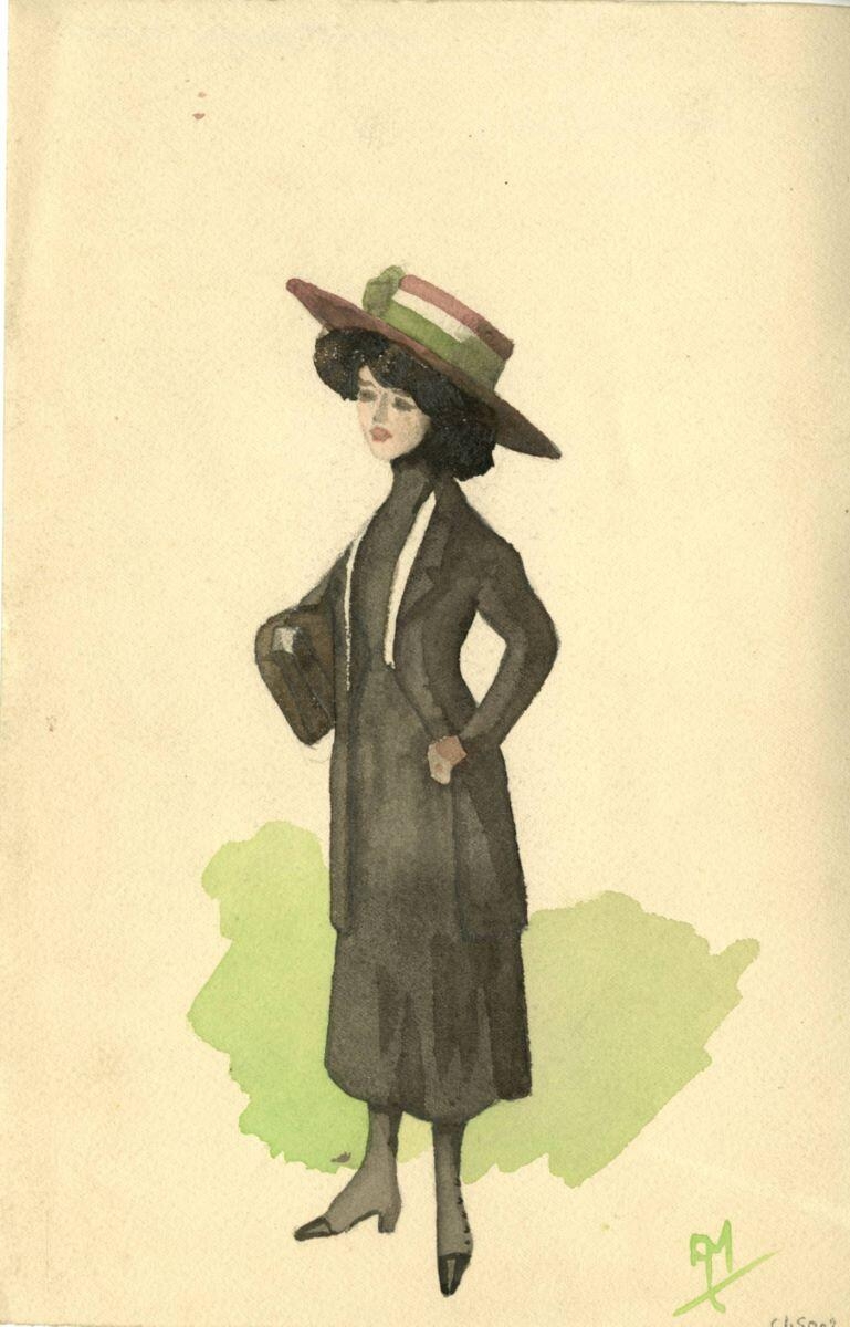Femme en pied avec grand chapeau, André Milan, 1er quart 20e siècle
