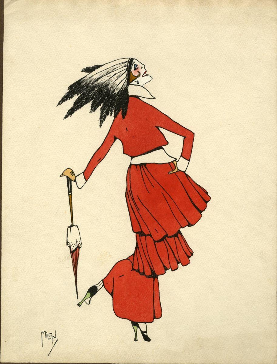 Caricature femme en robe rouge, André Milan, 1er quart 20e siècle
