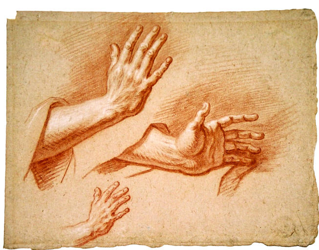 Etudes de mains (titre factice), Antoine Coypel, 4e quart 17e siècle, 1er quart 18e siècle