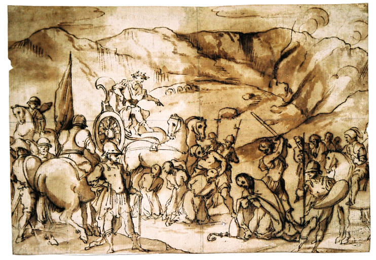Un triomphateur sur un char fait décapiter des captifs. Un évêque agenouillé est prêt à être décapité (titre factice), Lodovico Carracci, 4e quart 16e siècle, 1er quart 17e siècle