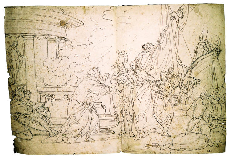A gauche un temple d'Apollon avec autel fumant. Un vieillard drapé accueille un guerrier et une jeune femme débarquant d'un navire._0