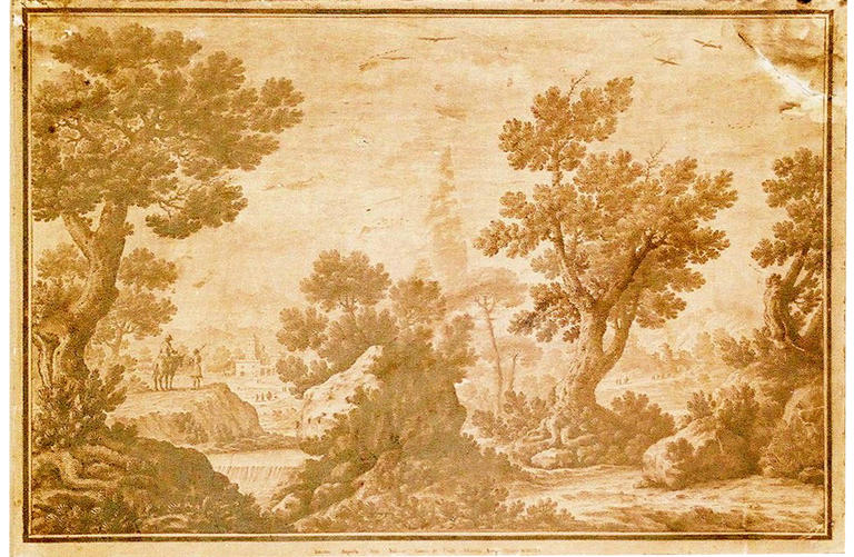 Paysage forestier, rivière , personnages et bâtisses (titre factice), Jean-Baptiste Nini, 1751