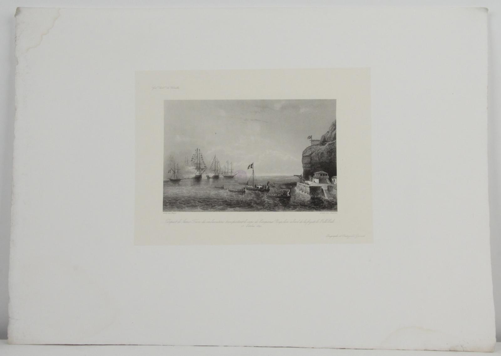 Galerie historique de Versailles, Départ de James-Town des embarcations transportant le corps de l'empereur Napoléon à bord de la frégate la Belle-Voule, Mayer, 1839-1848