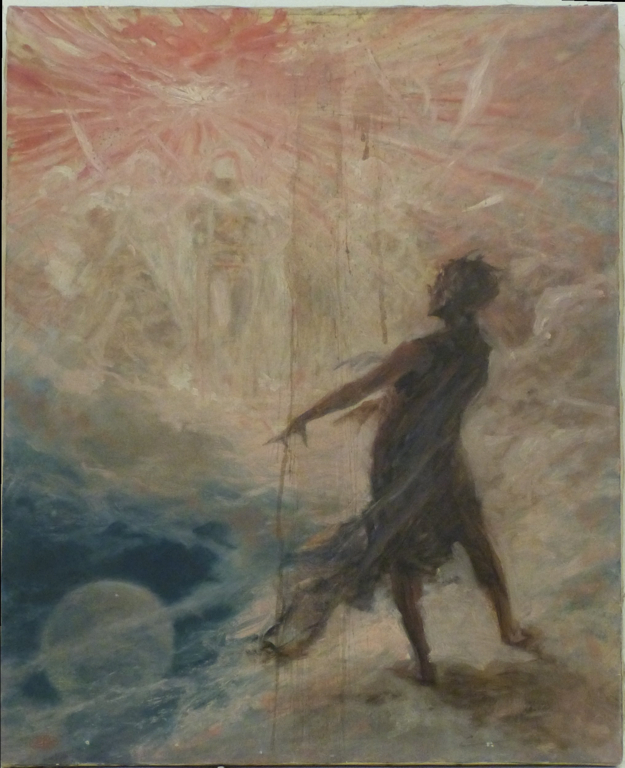 Apparition astrale. Homme effrayé par le soleil, la lune à gauche à ses pieds_0