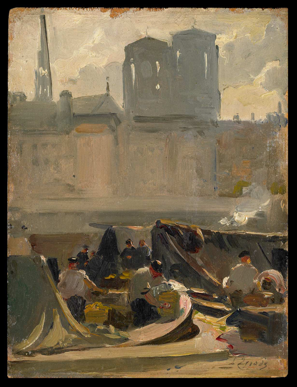 Barques devant la Cité à Paris (recto) ; Scène de café (verso), Léon Tirode, 19e siècle, 20e siècle