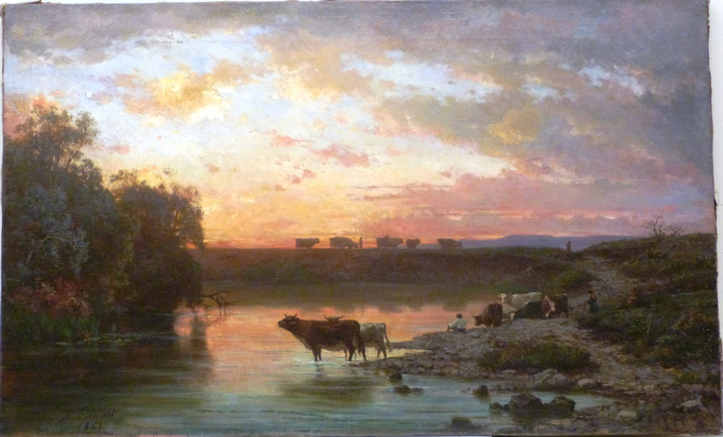 Sur les bords de l’Ognon à Broye-Les-Pesmes. Vaches s'abreuvant, Antonin Fanart, 1861