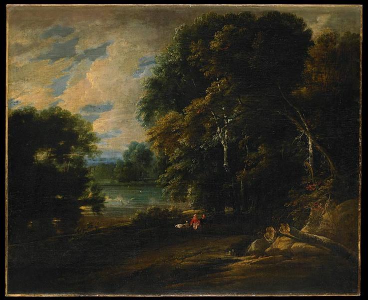 Paysage ; forêt et étang avec deux figures et des cygnes, Jacques d' Arthois, 1er quart 17e siècle