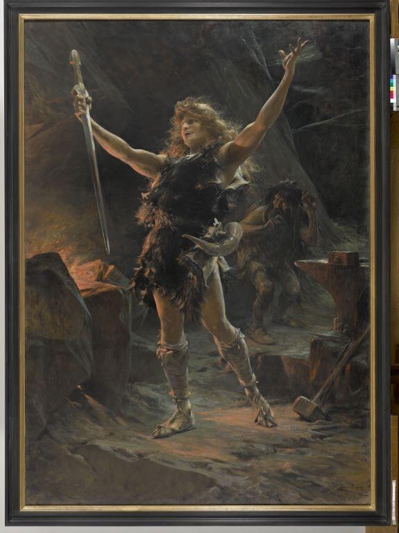 Siegfried ; Jean de Reszké, dans la chanson de Première Épée de l'opéra "Siegfried", Théobald Chartran, 1896 vers