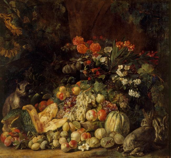 Nature morte aux fruits, fleurs et animaux, David de Coninck, 2e moitié 17e siècle