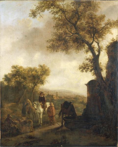 Halte de cavaliers près d'une fontaine, Abraham van Calraet, 17e siècle
