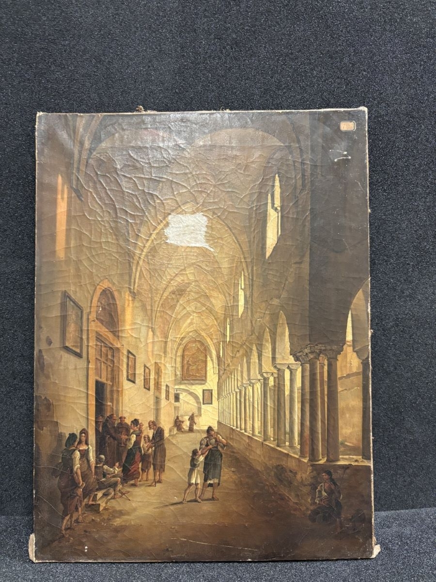Intérieur de cloître, avec un moine distribuant des aumônes, Frans Vervloet, 1825