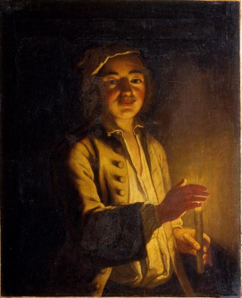 Jeune paysan faisant sa ronde du soir (à la chandelle), Gaspard Gresly, 18e siècle