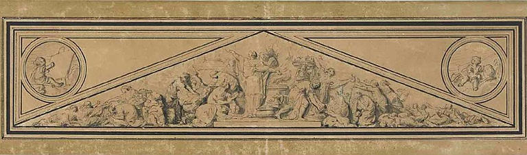 Deux médaillons allégoriques représentant la Peinture et la Sculpture par Jean- Honoré Fragonard montés avec le fronton par J.-H Bardin représentant l'allégorie de la Charité, Jean Bardin, 18e siècle